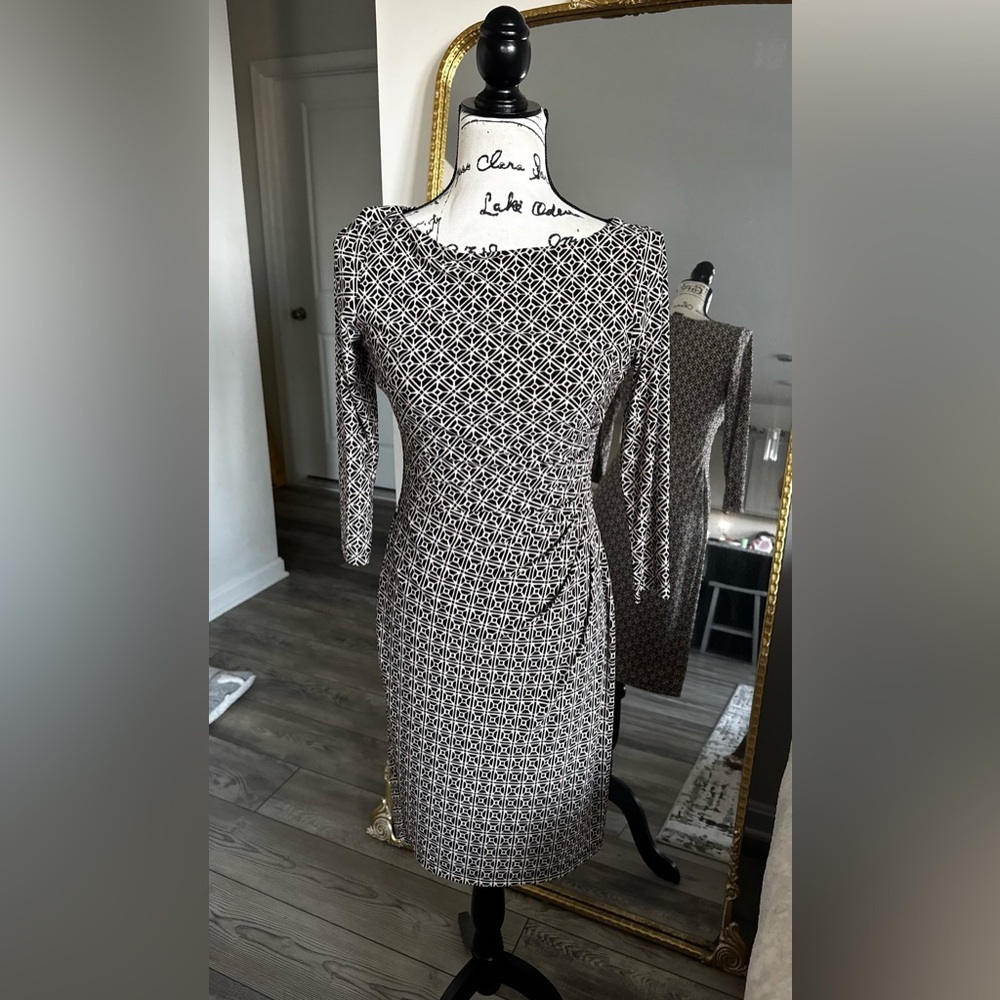 Ralph Lauren Black and White Geometric Long Sleeve Dress